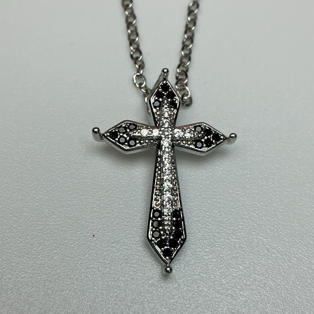 Black White Cross Necklace Silver CZ Pave Christian Faith Pendant Necklace
